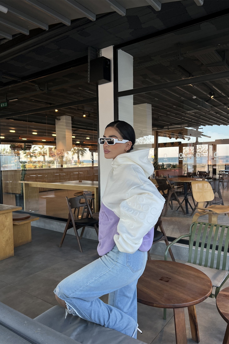 Lila Çift Renk Kapşonlu Sweat ATE3292 - EYYO