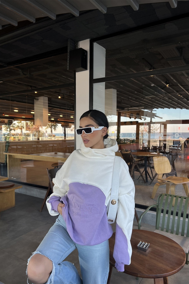 Lila Çift Renk Kapşonlu Sweat ATE3292 - 1