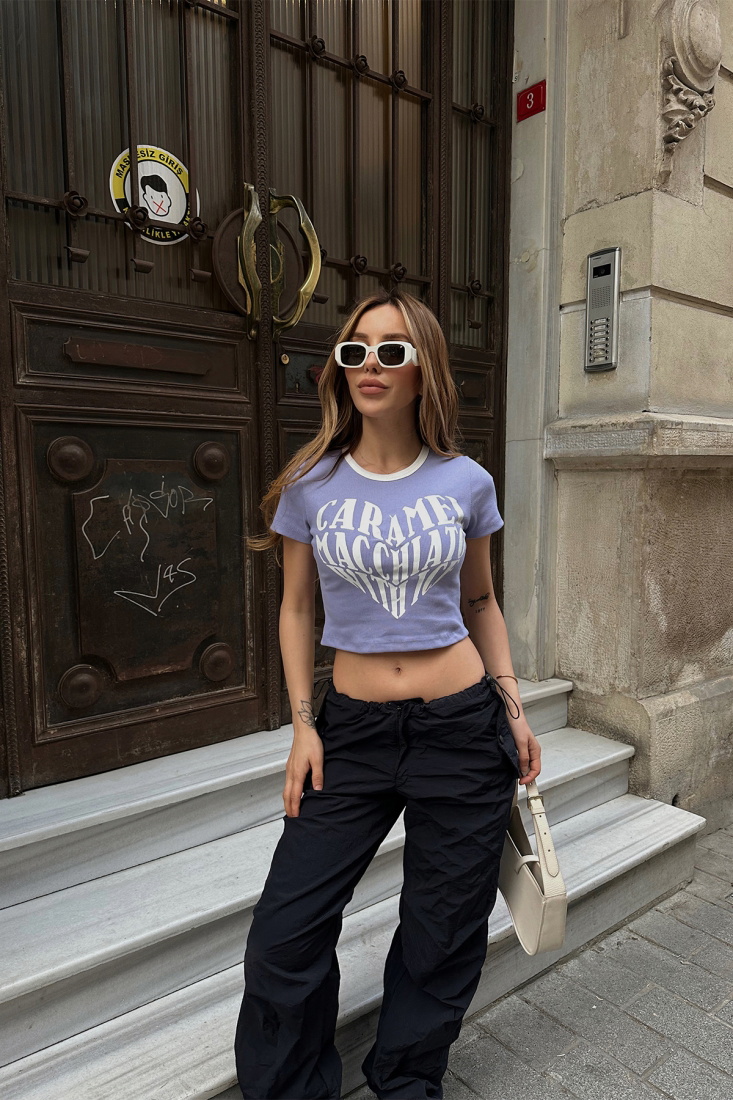 Lila Önü Yazılı Crop Top ATE6541 - EYYO
