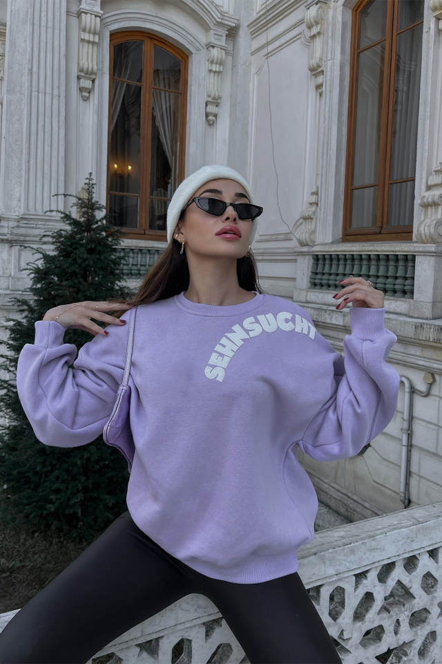 Lila Oversize Yazılı Sweat ATE3231 - 1