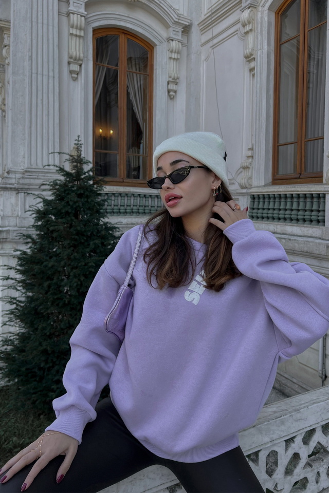Lila Oversize Yazılı Sweat ATE3231 - 2