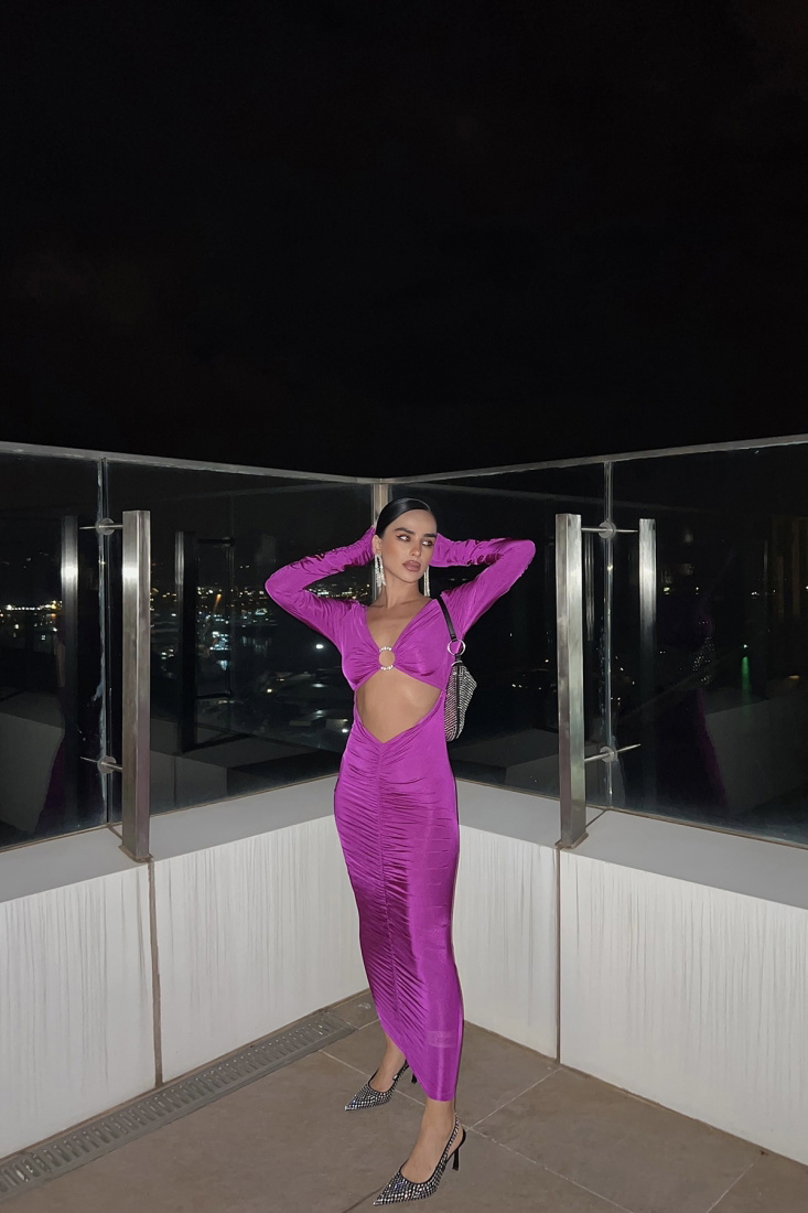 Magenta Göbek Dekolteli Büzgülü Elbise ATE2486 - EYYO