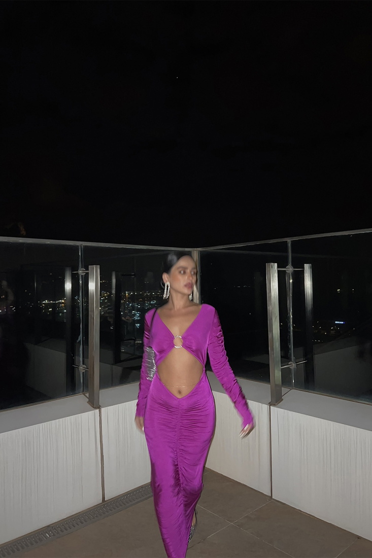 Magenta Göbek Dekolteli Büzgülü Elbise ATE2486 - EYYO