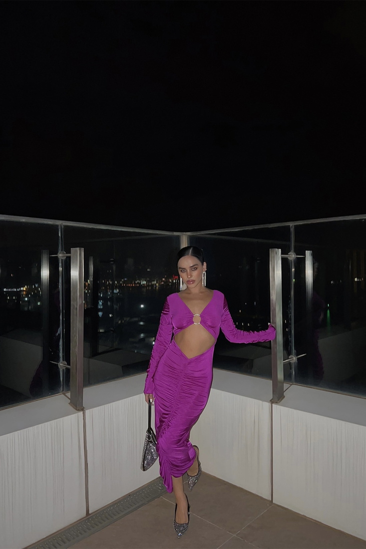 Magenta Göbek Dekolteli Büzgülü Elbise ATE2486 - EYYO