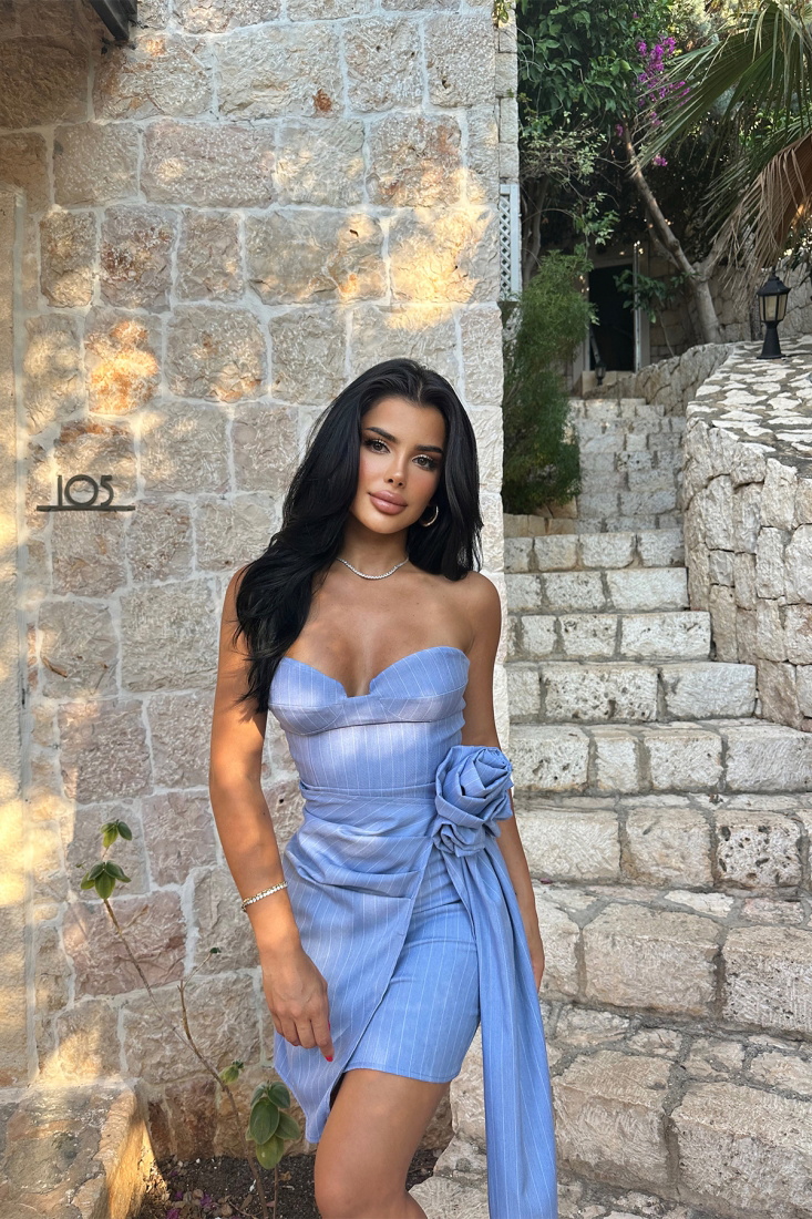 Mavi Asimetrik Kesim Straplez Elbise ATE7696 - EYYO