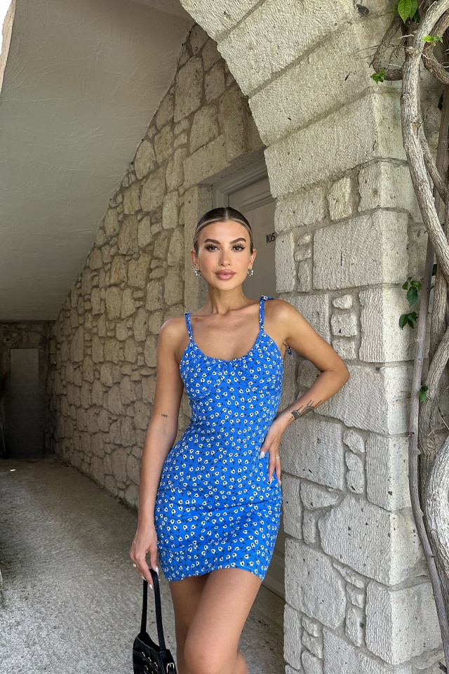 Mavi Askılı Çiçek Desen Elbise ATE7611 - 1