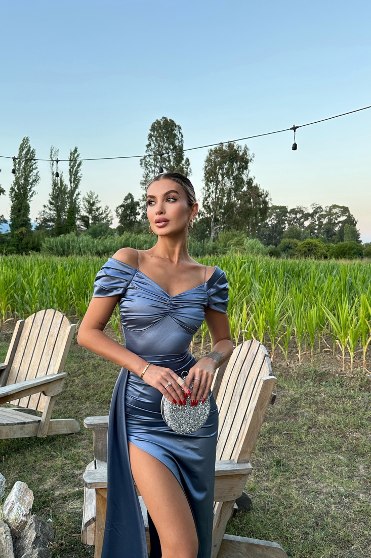 Mavi Askılı Derin Yırtmaçlı Uzun Elbise ATEL2550 - EYYO