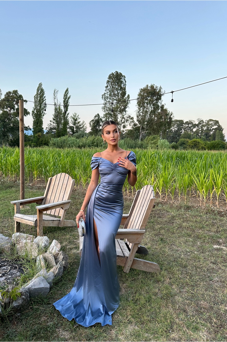 Mavi Askılı Derin Yırtmaçlı Uzun Elbise ATEL2550 - EYYO