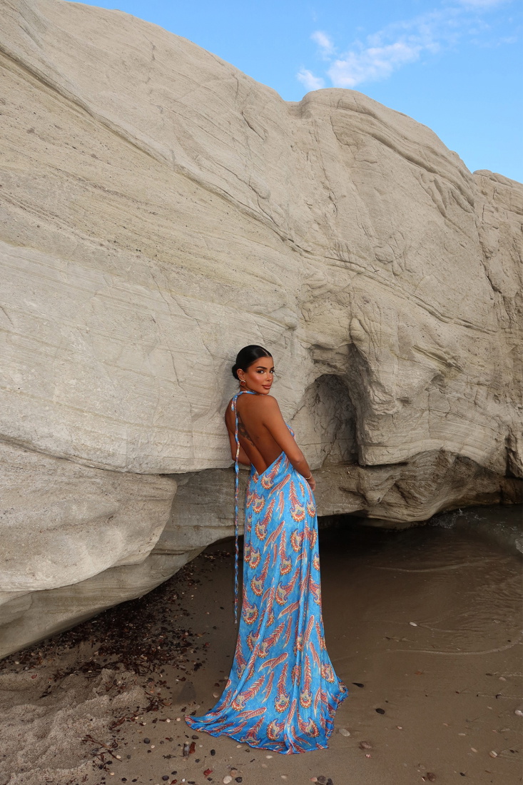 Mavi Louella Uzun Sırtı Açık Elbise ATE-1607 - EYYO