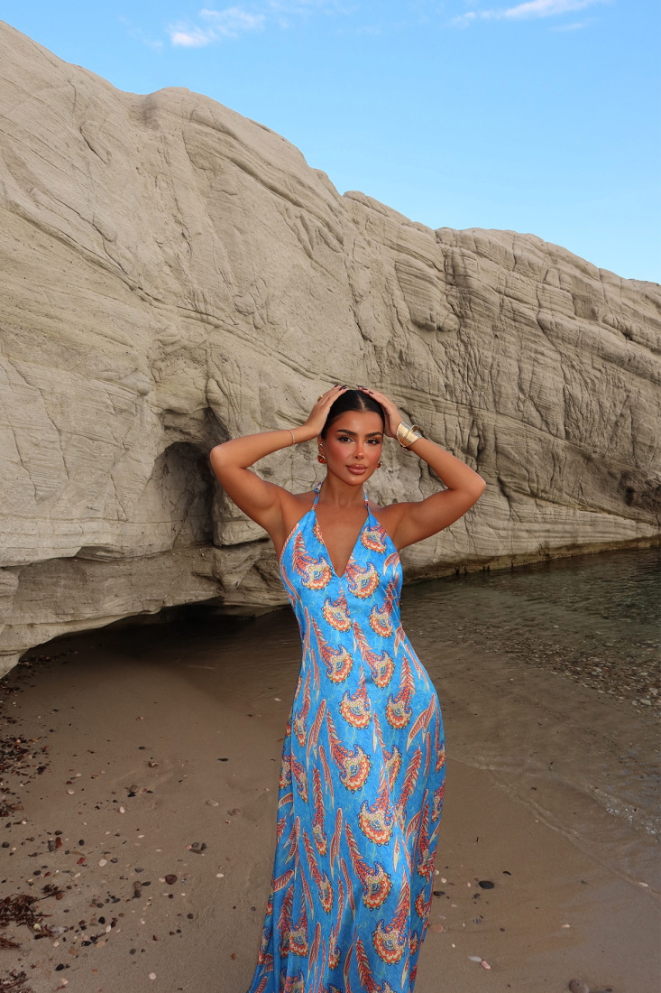 Mavi Louella Uzun Sırtı Açık Elbise ATE-1607 - EYYO