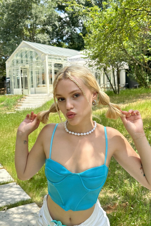 Mavi Askılı Fitilli Crop Top -