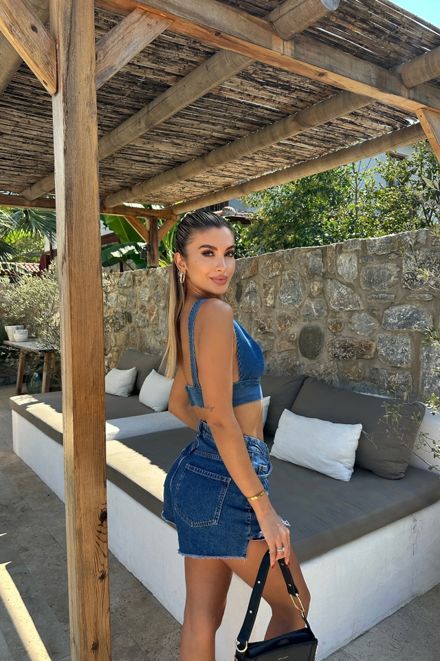 Mavi Askılı Jean Crop Top