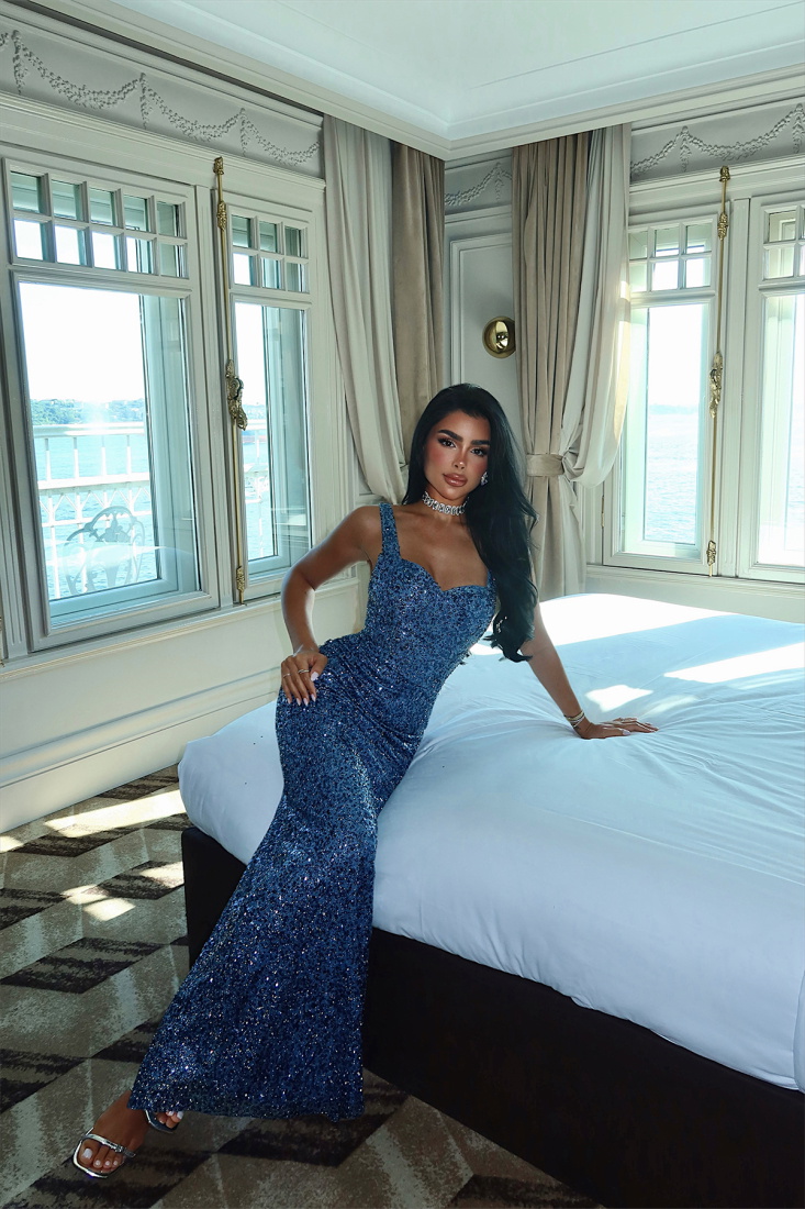 Mavi Loire Işıltılı Payetli Uzun Elbise ATE-3227 - EYYO