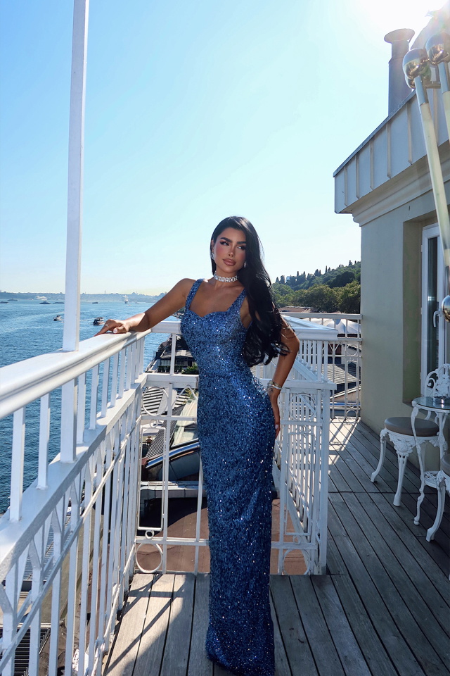 Mavi Loire Işıltılı Payetli Uzun Elbise ATE-3227 