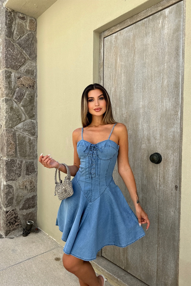 Mavi Bağlamalı Mini Elbise ATE7386 - 4