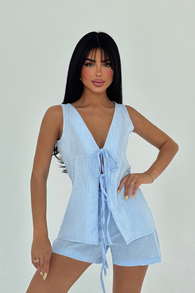 Mavi Luiza Mini Keten Bağlamalı Takım ATE-2966 - 2