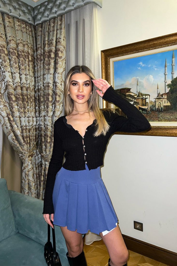 Mavi Pileli Mini Etek ATE3789 - EYYO