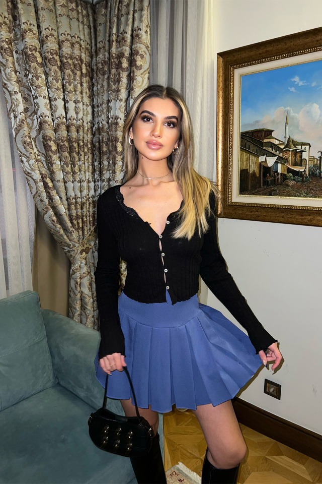 Mavi Pileli Mini Etek ATE3789 