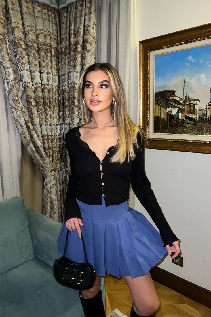Mavi Pileli Mini Etek ATE3789 - EYYO