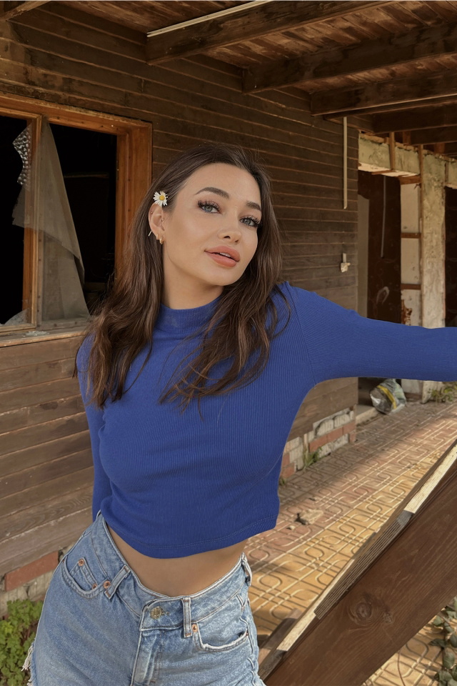 Mavi Baskılı Crop Top ATE4608 - 5