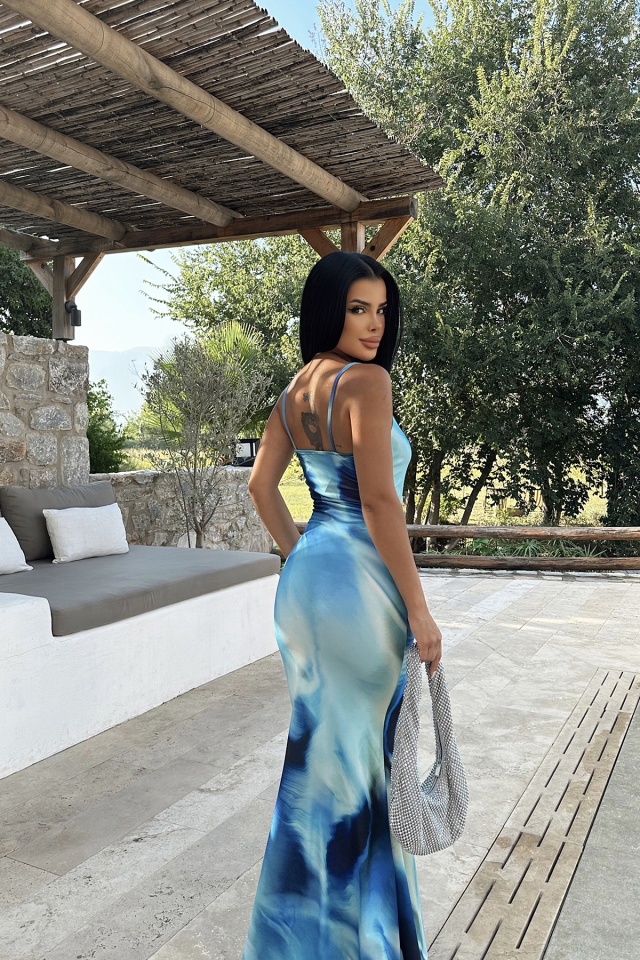 Mavi Batik Desen Askılı Elbise ATE8039 - 5