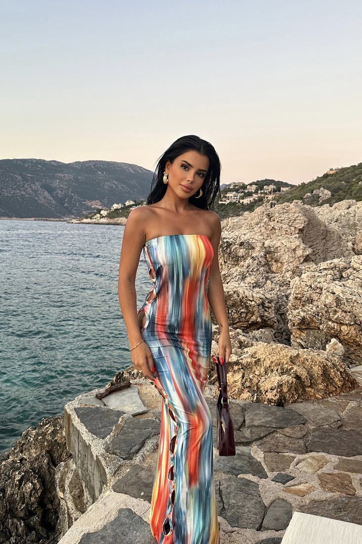 Mavi Batik Desen Straplez Uzun Elbise ATE7676 - EYYO