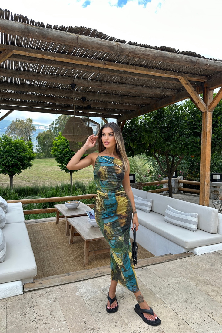 Mavi Batik Desen Uzun Elbise ATE7228 - EYYO