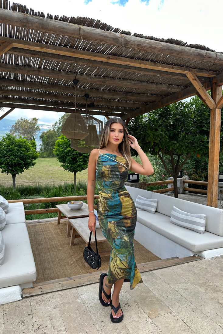 Mavi Batik Desen Uzun Elbise ATE7228 - EYYO