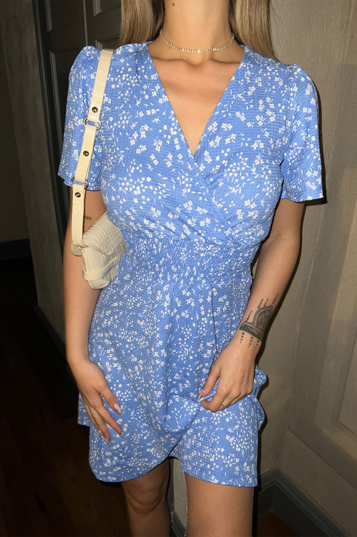 Mavi Çiçek Desen Mini Elbise ATE4220 - EYYO