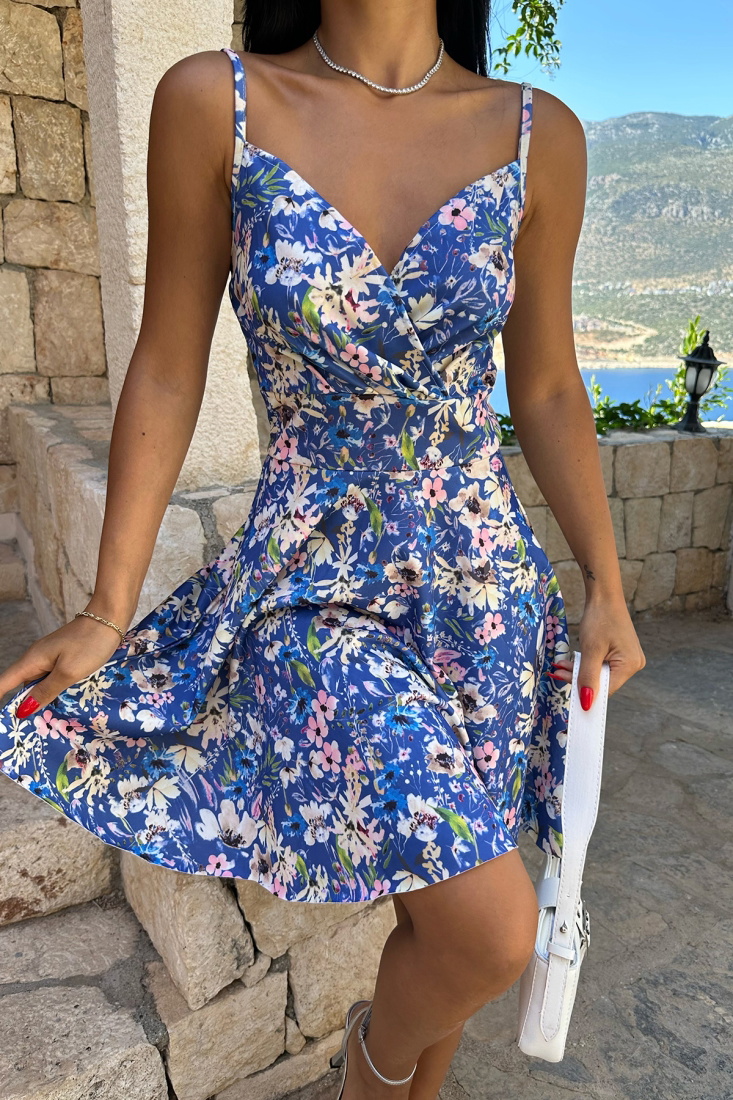 Mavi Çiçek Desen Mini Elbise ATE7667 - EYYO