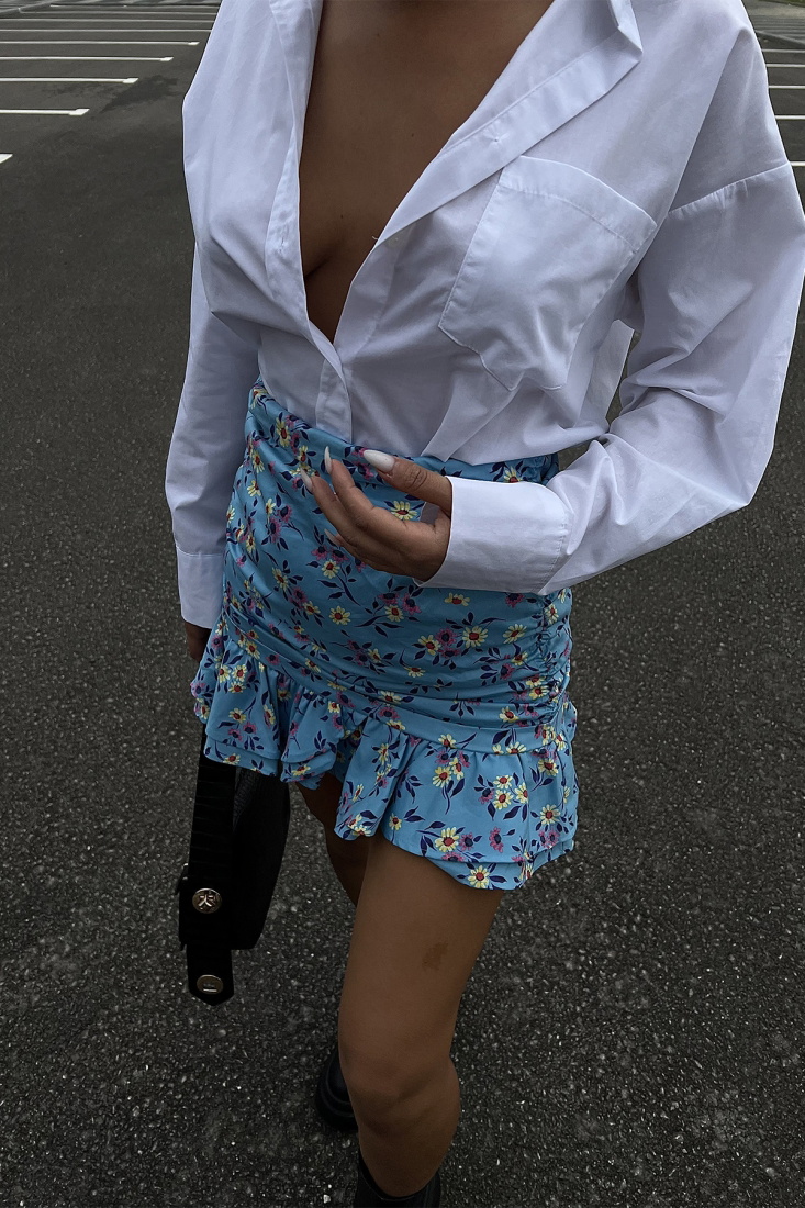 Mavi Çiçek Desen Mini Etek ATE2068 - JOMOFU