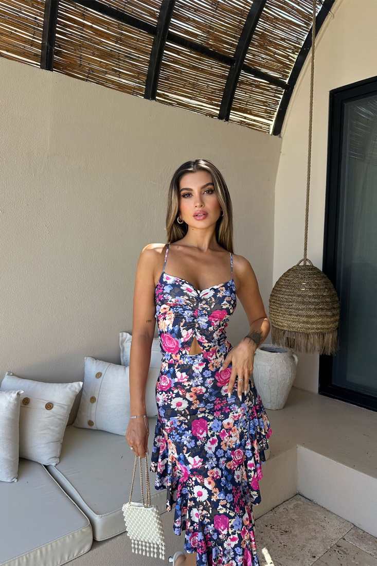 Mavi Çiçek Desen Uzun Elbise ATE7481 - EYYO