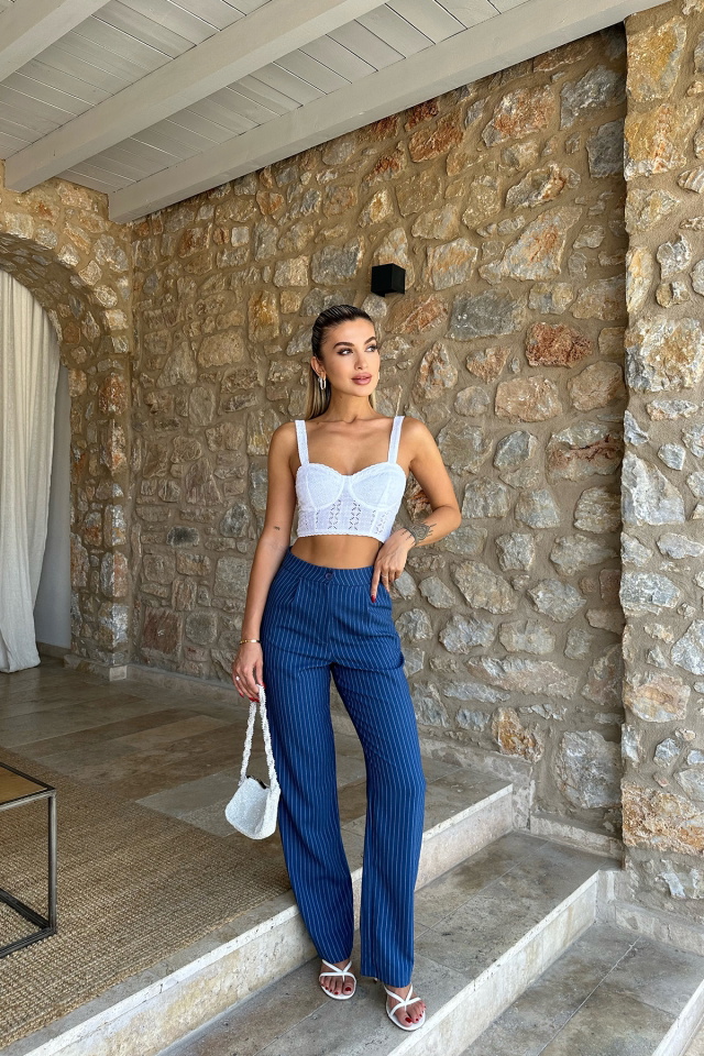 Mavi Çizgili Yüksek Bel Pantolon ATE8105 - 1