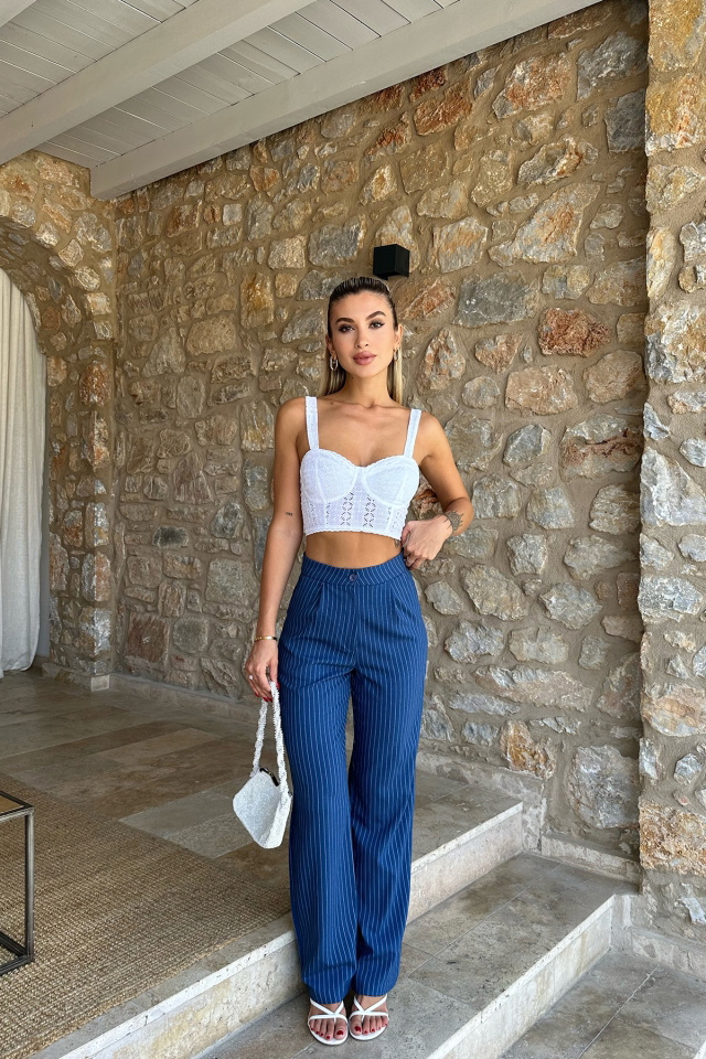 Mavi Çizgili Yüksek Bel Pantolon