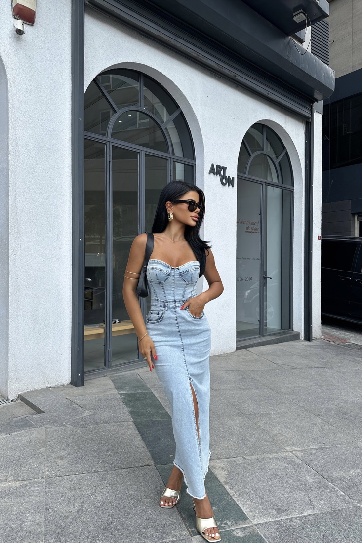 Mavi Denim Straplez Uzun Elbise ATE7544 - EYYO