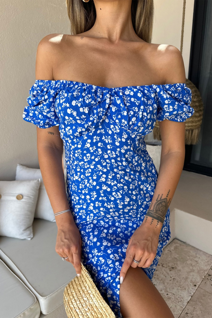 Mavi Derin Yırtmaçlı Elbise ATE7504 - EYYO