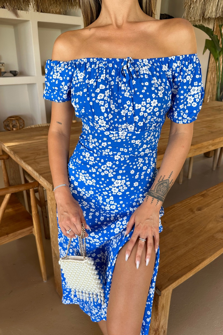 Mavi Derin Yırtmaçlı Uzun Elbise ATE7464 - EYYO