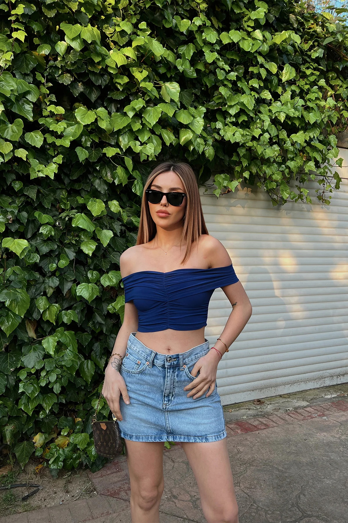 Mavi Düşük Kol Crop Top - 1