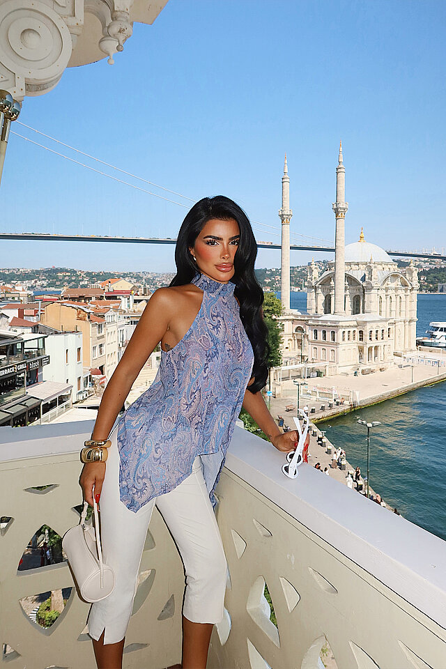 Mavi Etnik Desen Bluz -