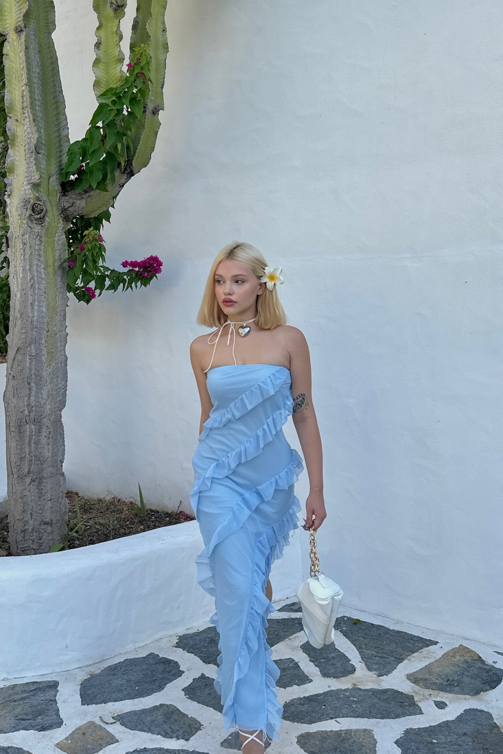 Mavi Fırfır Detay Derin Yırtmaçlı Elbise ATE7863 - EYYO