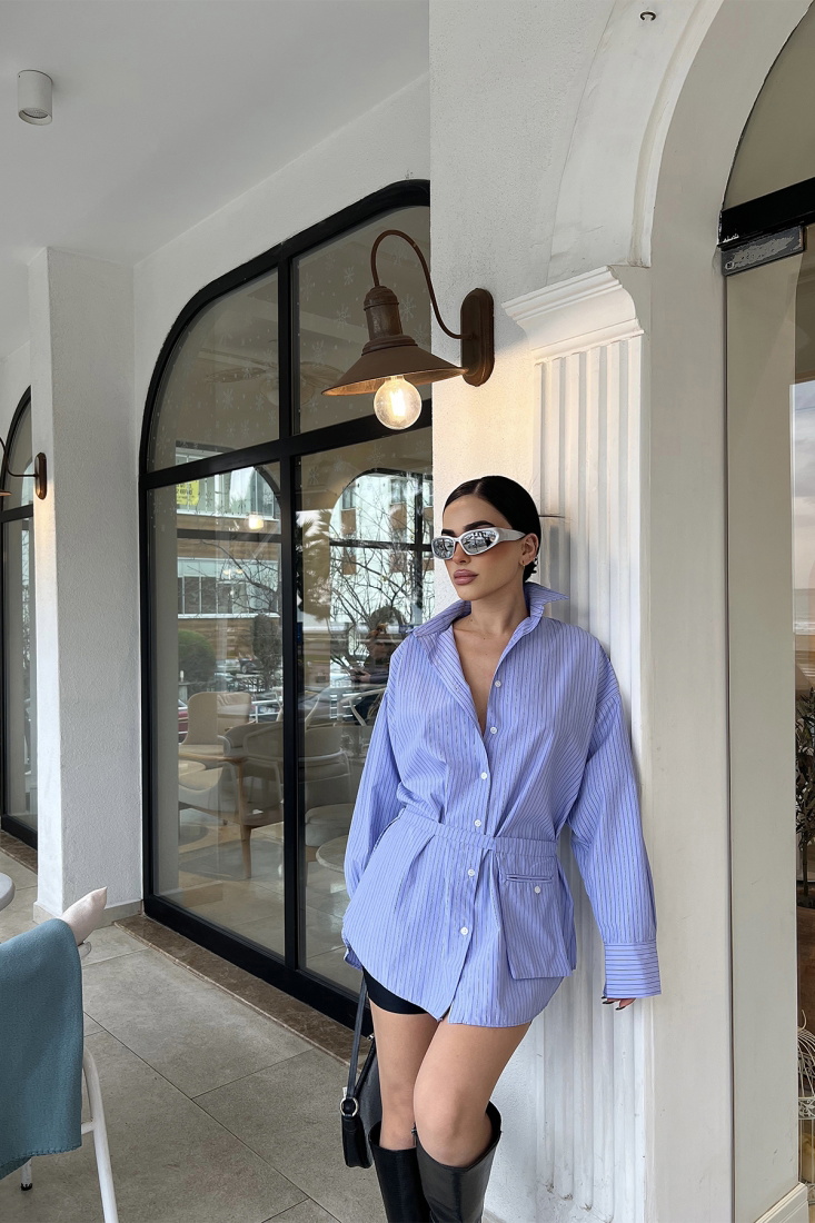 Mavi Gömlek Yaka Mini Elbise ATE3884 - EYYO