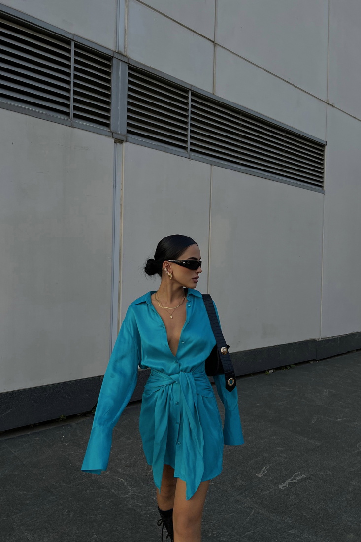 Mavi Gömlek Yaka Saten Elbise ATE2363 - EYYO