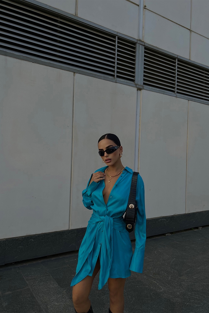 Mavi Gömlek Yaka Saten Elbise ATE2363 - EYYO