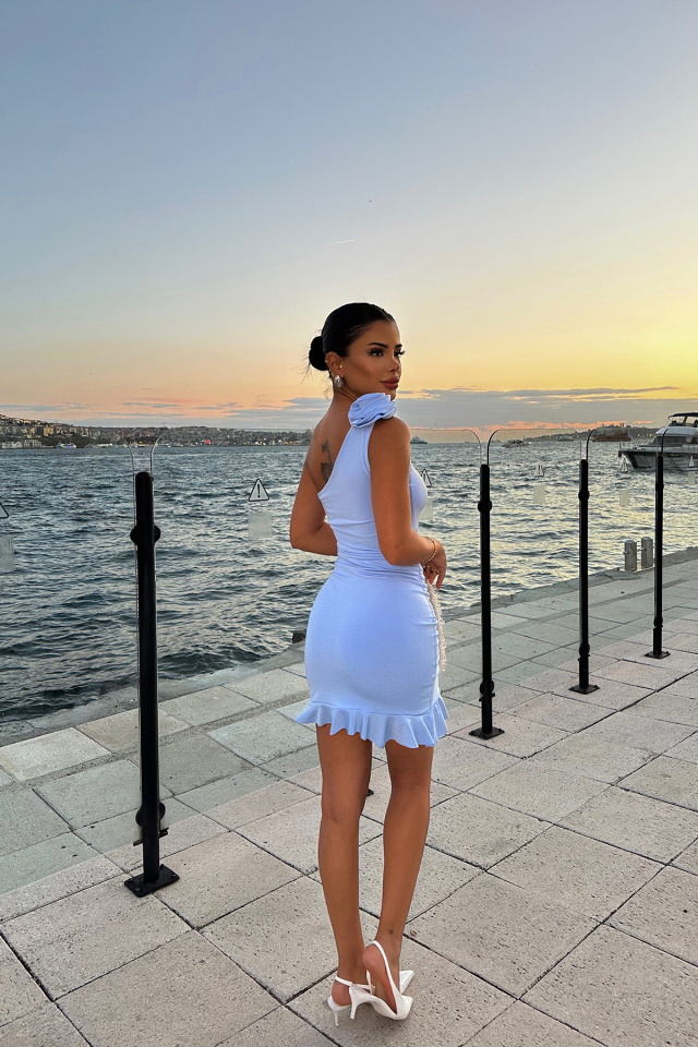Mavi Omuz Detay Mini Elbise ATE8355 - 5