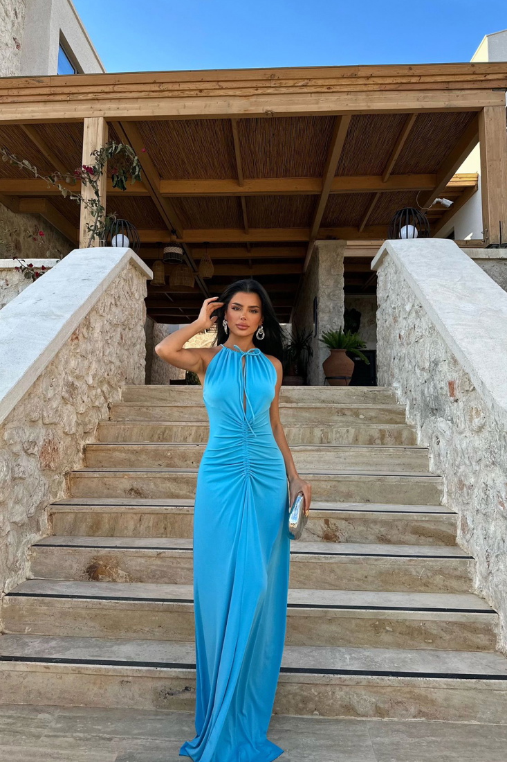 Mavi ALBERTİNA DEKOLTE UZUN ELBİSE ATE-0991 - EYYO