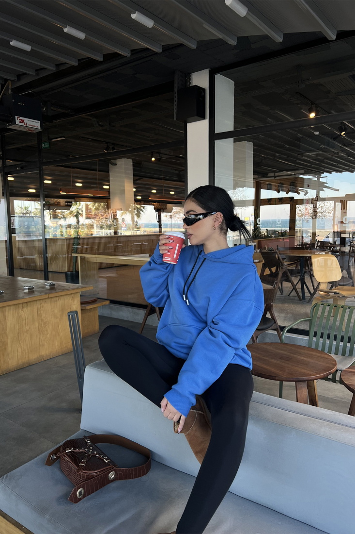 Mavi Kapşonlu Oversize Sweat ATE3308 - EYYO
