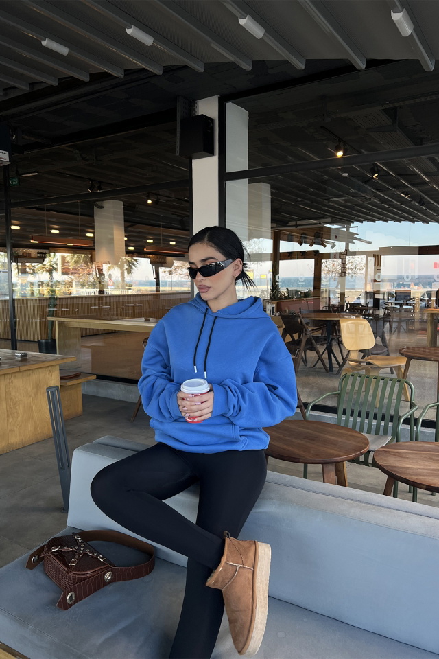 Mavi Kapşonlu Oversize Sweat ATE3308 