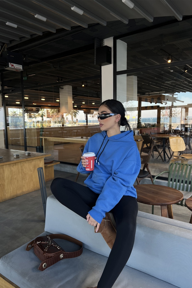 Mavi Kapşonlu Oversize Sweat ATE3308 - 6