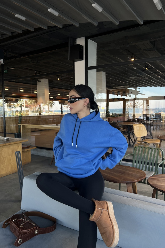 Mavi Kapşonlu Oversize Sweat ATE3308 - 4