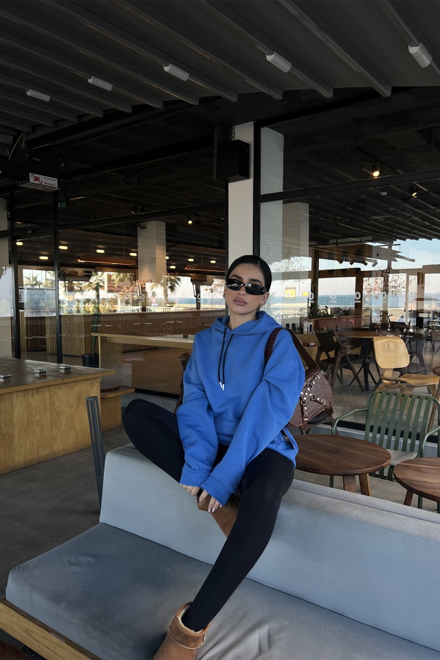 Mavi Kapşonlu Oversize Sweat ATE3308 - 5